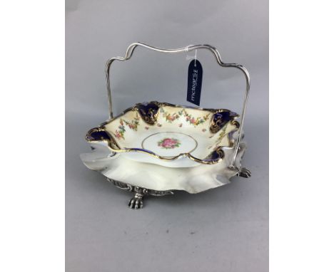 GEORGE JONES CRESCENT CHINA CERAMIC COMPORT, with silver plated stand, 29cm wide, along with a wood inset silver plated bread