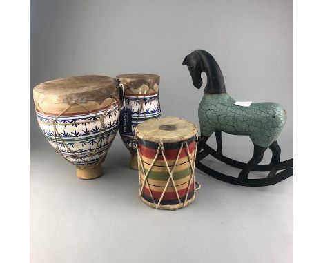 PAIR OF CERAMIC BONGOS, along with a drum and a model rocking horse