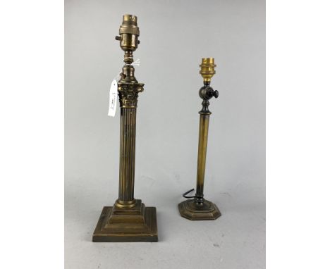 TWO BRASS CORINTHIAN PILLAR TABLE LAMPS, the tallest 40cm high, along with two other brass lamps and an angle poise lamp sect