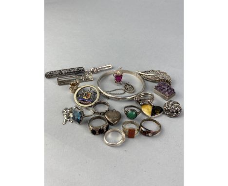 COLLECTION OF SILVER AND OTHER JEWELLERY, including silver brooches, silver bangle, silver locket, gem set ring, enamelled ba