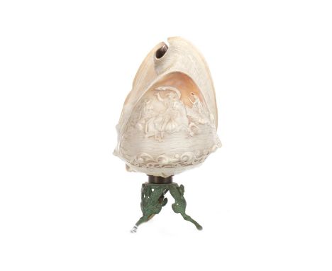 LATE 19TH CENTURY CONCH SHELL TABLE LAMP, the back of the shell with cameo scene of Europa and the Bull, within a border of s