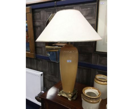 LARGE CERAMIC AND BRASS TABLE LAMP, 60cm high, with shade