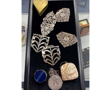 VICTORIAN SILVER PLATED BELT BUCKLE, along with two other belt buckles, a silver vesta case on chain, brass heart shaped snuf