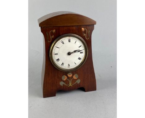 EDWARDIAN INLAID MAHOGANY MANTEL CLOCK, 21cm high, along with a Smiths bakelite clock and a Kienzle clock (3)