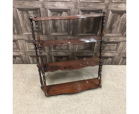 MAHOGANY OPEN FOUR TIER WALL SHELF, with turned supports, 64cm wide