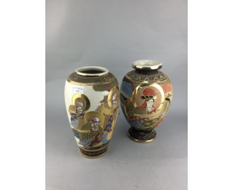 JAPANESE SATSUMA VASE, 31cm high, along with another Japanese vase, a Japanese Kutani vase and a chamber candlestick (4)