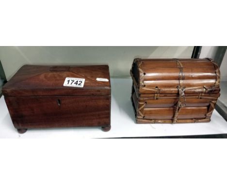 A 19th century mahogany sarcophagus tea caddy &amp; a bamboo dome top box with strung joints