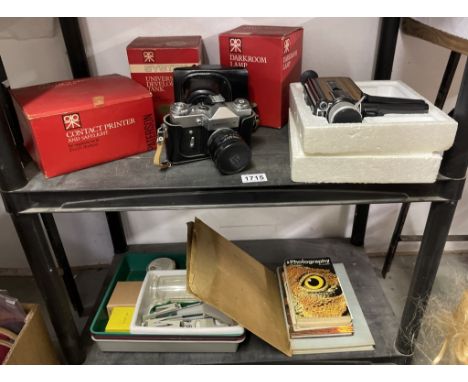 2 shelves of vintage photography equipment including Zenit 8 35mm camera &amp; GAF 64 cine camera etc. COLLECT ONLY.
