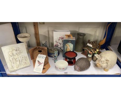 A shelf of miscellaneous, including ornaments &amp; bird house etc.