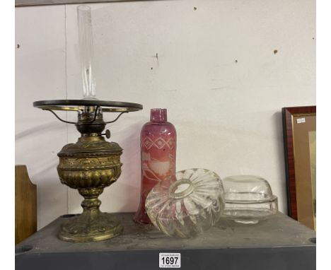 2 Victorian glass oil lamp fonts, a Spelter oil lamp &amp; a shade COLLECT ONLY