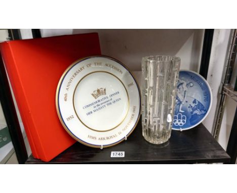 A SKLO Union glass maze vase, Royal Copenhagen 1976 Olympic plate &amp; a Spode plate