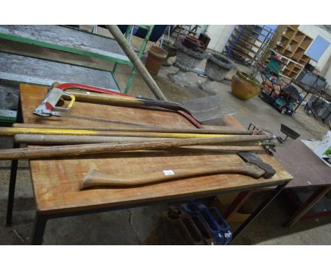 Mixed lot of various hand tools, axe, lathe, spade etc