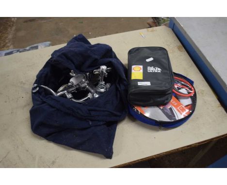 Mixed lot to include hot and cold bath mixer tap, jump leads, engine oil etc