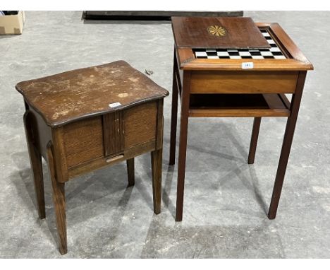 A games table with chessboard top and an oak work table 