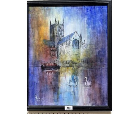 CONTEMPORY SCHOOL Worcester Cathedral from the River Severn. Indistinctly signed. Mixed media on canvas 20' x 16'