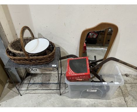 Sundries to include a 1950s mirror; ice tongs; scales; occasional table; baskets etc.