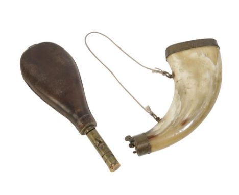 A MID 19TH CENTURY HORN AND BRASS POWDER FLASK and leather and brass powder flask 
