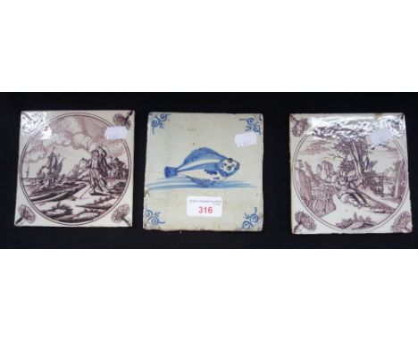 AN 19TH CENTURY BLUE AND WHITE DELFT TILE decorated with a fish and two similar (3)
