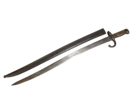 A FRENCH CHASSEPOT BAYONET with brass ribbed handle and original metal scabbard, C 5906, 71cm long 