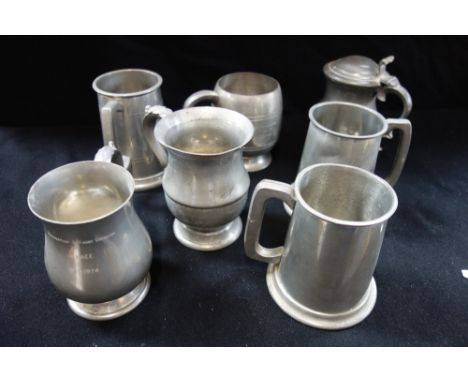 A COLLECTION OF PEWTER TANKARDS a Vintage camera and a knife