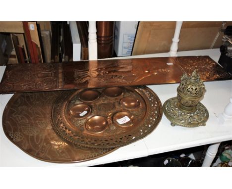 AN EMBOSSED COPPER PLAQUE depicting a Classical maiden, A Victorian brass inkwell and similar metalware
