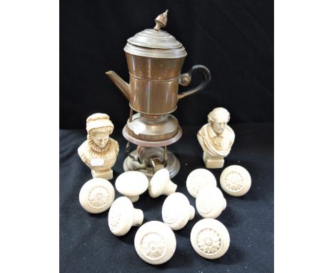 A COLLECTION OF VICTORIAN WHITE GLAZED CERAMIC DOOR KNOBS, a ceramic bust of Shakesbeare, Anne Hathaway and a copper coffee p