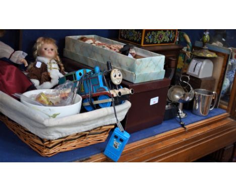 A COLLECTION OF MIXED SUNDRIES to include china headed dolls and a Ronson table lighter and two vintage instrument cases and 