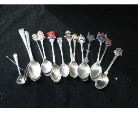 A COLLECTION OF SILVER AND ENAMEL SOUVENIR TEASPOONS, and other silver spoons c. 5.9oz