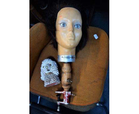 A MID 20TH CENTURY FRENCH J. LECLABART WAX HAIR DRESSERS MANNEQUIN HEAD, with wooden and metal mounts 