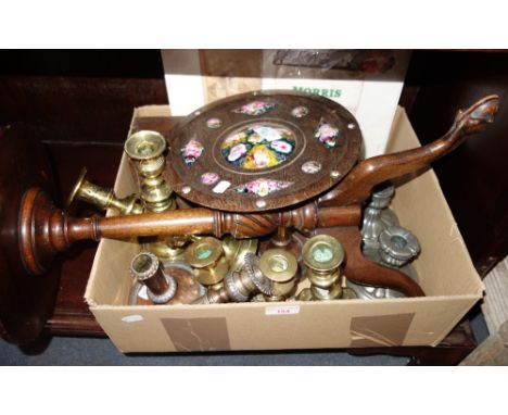 A COLLECTION OF 19TH CENTURY AND LATER BRASS AND PEWTER CANDLESTICKS, an Arts and Crafts enamelled tray, a small oak tripod w