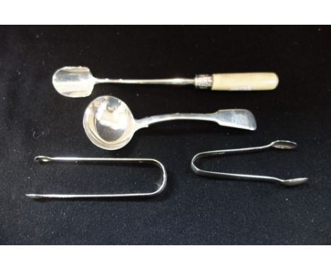 A VICTORIAN SILVER STILTON SCOOP, A SAUCE LADLE, and two pairs of sugar tongs c. 4.75oz weighable