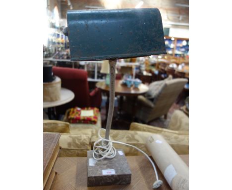 A FRENCH ART DECO BANKER'S DESK LAMP with green painted metal shade with adjustable stem on a polished marble base
