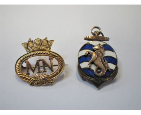 A 9CT GOLD MERCHANT NAVY BROOCH, together with a silver and enamel sweetheart brooch, 5gm (approx)