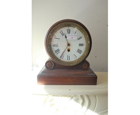 A 19TH CENTURY OAK CASED MANTEL CLOCK with a white enamel circular dial, 27.5 cm high