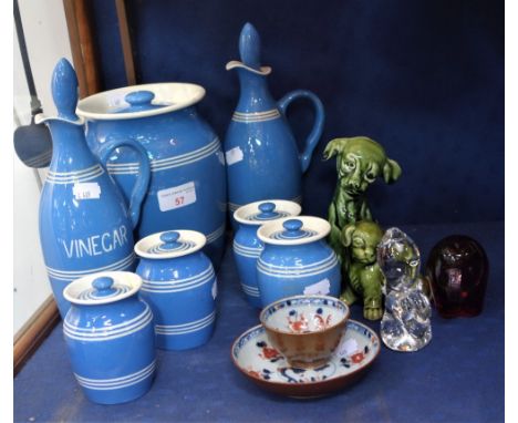 A COLLECTION OF BLUE AND WHITE BRETBY "KITCHEN KUPBOARD WARE" INCLUDING CANNISTERS AND OIL JARS in the manner of T G Green &a