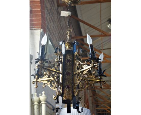 A CONTEMPORARY GOLD PAINTED EASTERN CEILING LIGHT FITTING with four scroll bracket arms and a pair of drop lustre wall light 