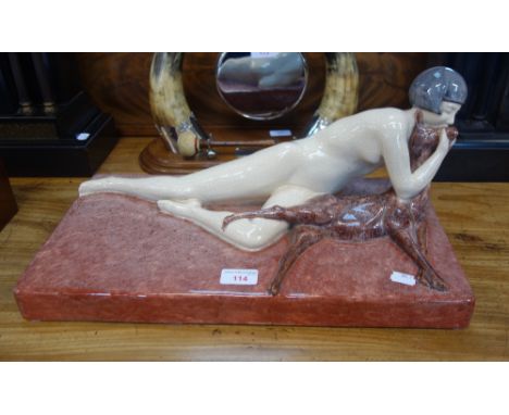 MARCEL GUILLARD (1896 - 1932) FOR EDITIONS ETLING, PARIS: A LARGE ART DECO CERAMIC FIGURE GROUP, modelled as a nude female fi