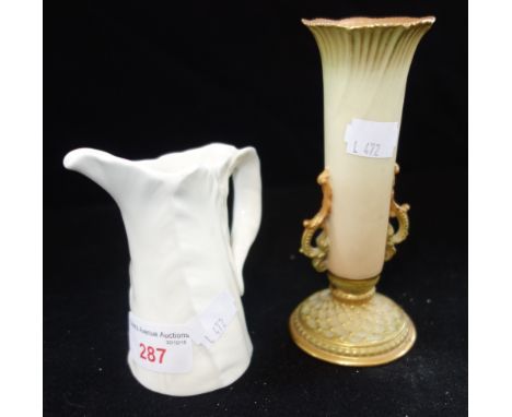 A ROYAL WORCESTER BLUSH IVORY SPILL VASE and a similar jug (2)