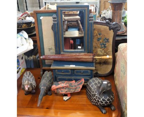 A BLUE PAINTED DRESSING MIRROR, wooden birds, a fire screen and similar items