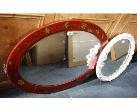 A RED AND GILT CHINOISERIE STYLE OVAL WALL MIRROR and a white painted wall mirror 