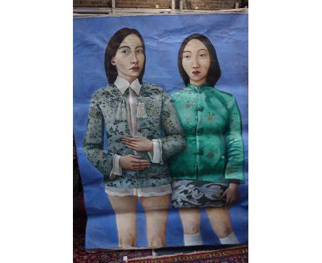 ALEXANDRA (ALY) BROWN: 'Girl with Big Cat', and 'Self Portrait with Chinese Girl', oil on canvas, both unframed and folded