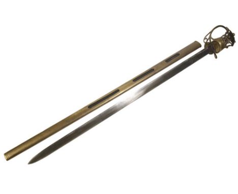 A PRUSSIAN CAVALRY PALLASCH SWORD with brass hilt, leather copper wire bound grip and original leather and brass scabbard, 10