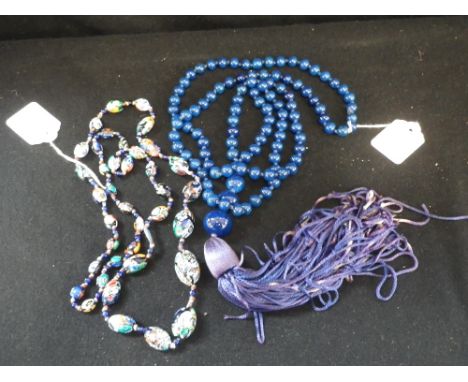 A VINTAGE MILLEFIORE NECKLACE and a long 1920s blue bead necklace 