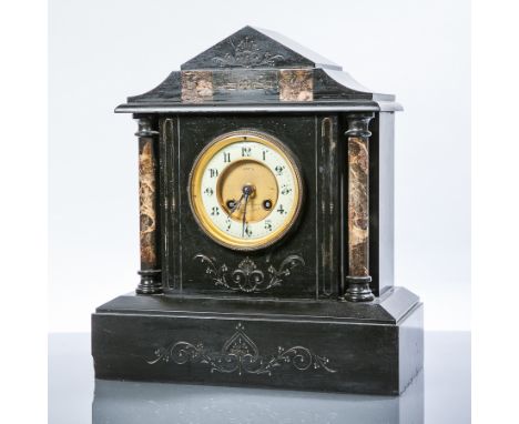 LATE 19TH CENTURY FRENCH SLATE MANTEL CLOCK
by Jay's of London and Paris, with enamel Arabic numeral dial, flanked by two mar
