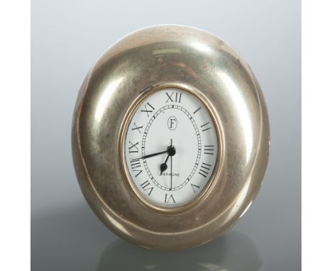 CONTINENTAL SILVER MOUNTED EASEL CLOCK
maker Faraone, with Roman numeral chapter ring and subsidiary seconds hand, stamped 80