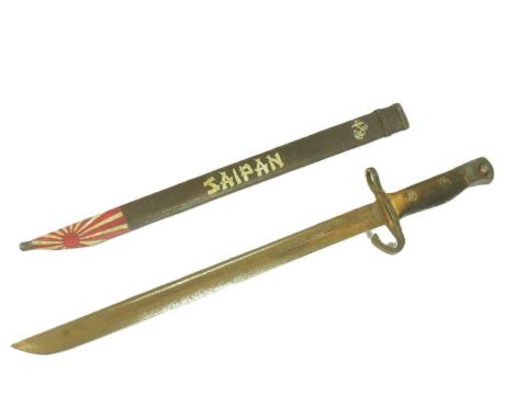 A WWII Second World War USMC United States Marine Corps bring back Japanese Ariska bayonet. The scabbard hand painted with th