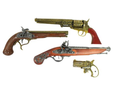 A collection of x4 replica flintlock pistols and revolvers to include a vintage Denix made double-barrelled Derringer, a Colt