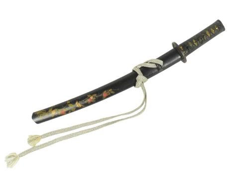 An 18th Century Edo Period Japanese Samurai Wakizashi / Tanto sword. Rayskin tsuka wrapped in black leather with x2 hilt orna