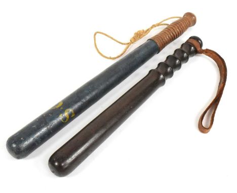 Two 19th Century wooden Police Officer truncheon batons comprising a blue Special Constables example together with an unpaint