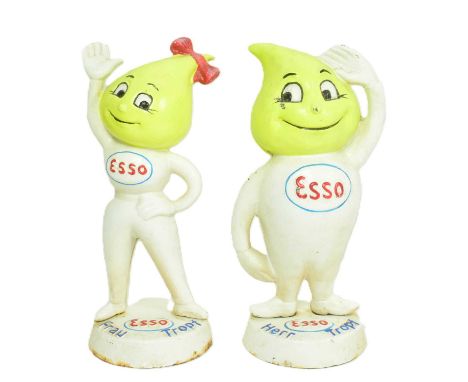 Two vintage cast iron Esso Mr Drip ( Herr Tropf ) and Mrs Drip ( Frau Tropf ) figurine money boxes. Embossed on the base M Bu